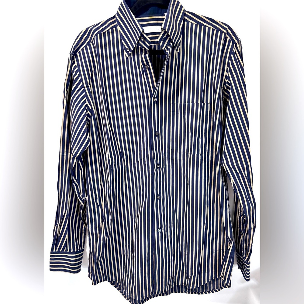 DAMIANI Navy & Tan Vertical Stripes L/S Men’s Shirt Size L/16/41 Made in Italy
